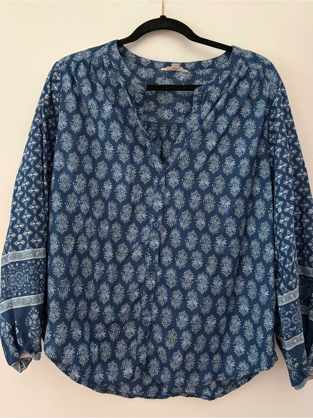 Lucky Brand Blue block  Printed India Cotton Button-Front Blouse L